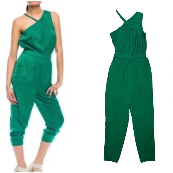 ARMANI EXCHANGE One Shoulder Jumpsuit Kelly Green Satin Silky Summer Size 0 - Picture 1 of 9